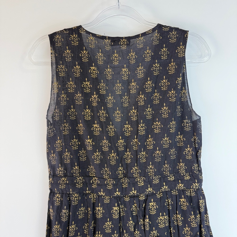 CP Shades Julia Dress Womens Small Navy Blue Gold Silk Cotton Block Print Midi - Picture 7 of 15